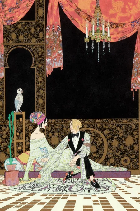 kaynielsen1 illustration.
A night scene involving a man and a woman in an ornate room. On the left is a woman wearing an off-shoulder robe and colorful turban, sitting on a low-lying bed. In the center is a blonde man in a formal suit with a bow tie sitting on a patterned rug. The room is richly decorated with a chandelier, a bird on a stand, a potted plant, ornate curtains, and a dark, opulent backdrop. The floor is tiled. <lora:kaynielsen1_d8a4e12:1.0><lora:865919446420600621:0>