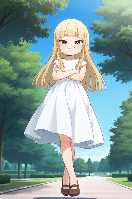 masterpiece, best quality, amazing quality, absurdres, solo, miyoakino, smile, smug, crossed arms, crossed legs, floating, flying, looking at viewer, looking down, blonde hair, white dress, outdoors, park, trees, blue sky