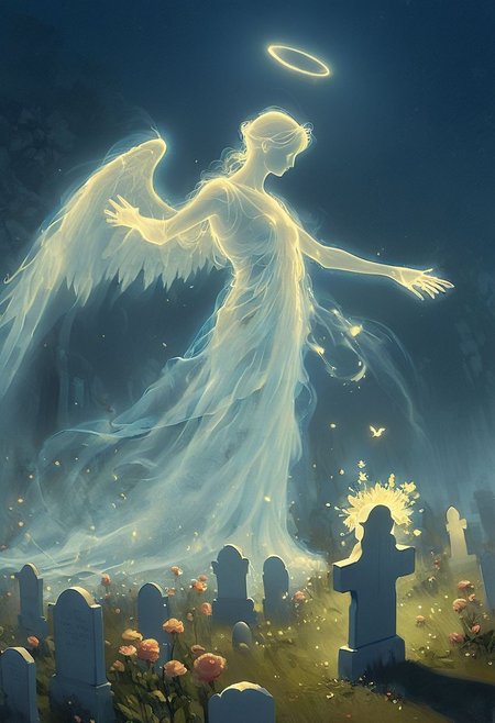 On a sunny day, in a graveyard, a young boy is offering flowers to a translucent ghost with wings