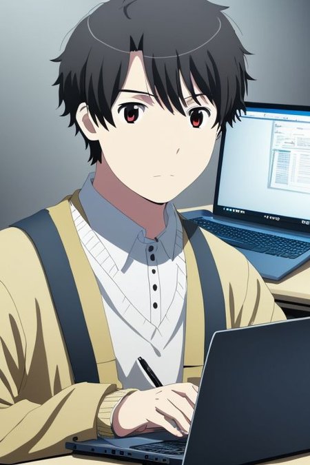 high resolution, solo, best quality, 1Boy, Portrait, Inaho Kaizuka, Black Hair, worker, working, workstation, concentration, focus, laptop,