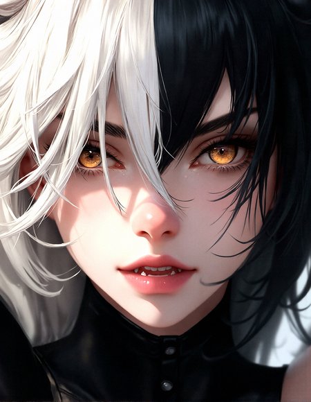 An extreme photorealistic upper body shot of a cat girl with mesmerizing golden eyes and slit pupils. She has long, flowing two-tone hair, white and black, framing an almost anime-like face with striking, unrealistic beauty. Her pink lips curve slightly to reveal sharp fangs, and her long fingernails are a key feature of her sleek cat suit.Include tiny imperfections like pores, faint freckles, and slight skin texture variations to add realism.Realistic lip texture with soft lines, slight gloss, and natural color variation.Realistically detailed tear ducts, slightly moist, enhancing the natural appearance of the eyes.Faint, barely visible veins under the eyes, adding depth and authenticity to the skin.Individually rendered eyebrow hairs with natural variation in direction, length, and thickness.Variation in hair strand thickness, with some thinner and finer than others.Detailed texture on the cat suit, showing the weave or material pattern, such as leather, spandex, or velvet.Shadows that move with the character, responding to her position and the light source accurately.































