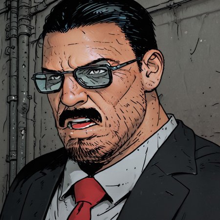 (masterpiece), portrait (ultra-detailed, 8k, gritty cinematic style), mid shot, male pov (best quality), (ultra-detailed), noise effect. chromatic aberration, 
BREAK
1 boy,  black hair, bara, facial hair, mustache,  formal, suit, red necktie, collared shirt, glasses, eyes at viewerportrait,   standing, arms crossed, alley lit by flickering neon, happy, open mouth, frown 
BREAK
urban desire at its peak, 
,