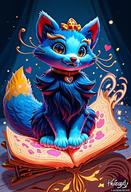 Score_9, Score_8_up, Score_7_up, Detailed draw, feral, animal, quadruped, wonderful, anthro, biped, no humans, (yuumi-default:1.5),  blue fur, (chest tuft, yellow whiskers, cute kitty pose (sitting on riding book:1.2), (Collar with a red heart pendant:1.2), blonde eyebrows, headgear, necklace, yellow tail tip, cute,lick paw, cute lovely hearts detail, adorable, fur on legs, fur on paws, kiddy, nice,  cuddly, sitting, huge body, riding book, (floating object An ancient magic book with old pages:1.5), magic spells around book, floating object, kitty paws, (fluffy fur body:1.5), big cute eyes, looking at the viewer, happy eyes, long fur, two toned fur, yellow eyes, slit eyes, cute fangs, ng_deepnegative_v1_75t, (cute and pretty:luminescent paints, phosphorus paints, glows at night, paint splash), more detail fur and visual, warm color, vibrant color, skydrome, disney style, Image background: Shimmering light in the form of a rainbow