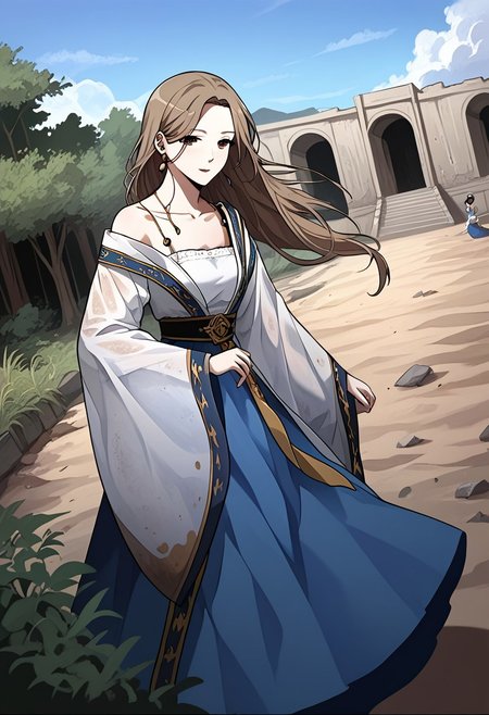 score_9, score_8_up, score_7_up, score_6_up, insaneres, absurdres, solo, manhwa artstyle,,8k,hdBREAK
MinJiwon, brown eyes, mousy hair, long hair, 
ruanyi0759,blue dress,hanfu,jewelry,veil,off shoulder,wide sleeves,white dress,
(,1girl,solo,dancing,), ruins, scenery, afternoon. sun light, dirt, depth of filed, cowboy shot,BREAK