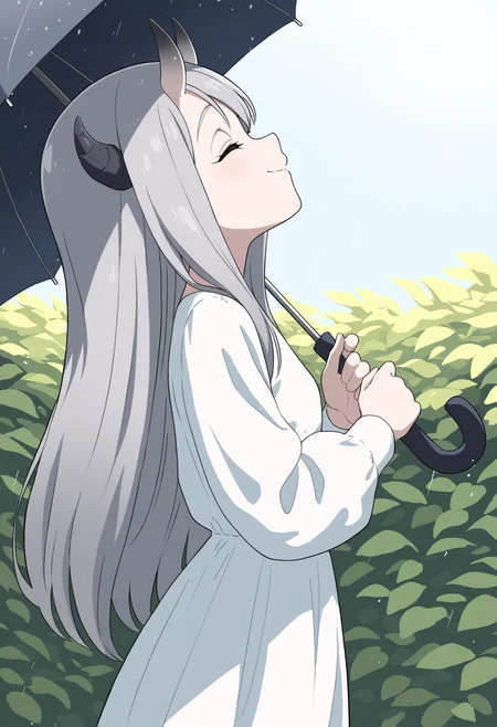 masterpiece,best quality,amazing quality,
1girl, solo, closed eyes, horns, long hair, grey hair, smile, from side, holding, umbrella, looking up, skirt, long sleeves, closed mouth, profile, holding umbrella, dress, white dress,
<lora:Ketsumoa:1>