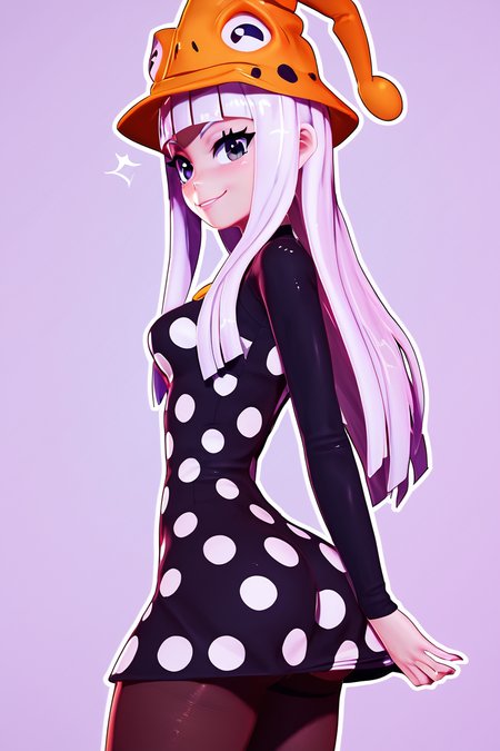 score_9, score_8_up, score_8, medium breasts, (curvy), cute, eyelashes,       BREAK, , zzEruka, black eyes, white hair, blunt bangs, long hair, orange hat, polka dot dress, black dress, black sleeves, pantyhose,    <lora:ErukaFrog_SoulEater_PDXL_v2:1.0>, , BREAK, smile, looking at viewer, cowboy shot, side view, ass,  ,,, embedding:zPDXL, Expressiveh, ,,, <lora:Zy0n7_PDXL:0.8>, <lora:SDXLFaeTastic2400:0.5>, <lora:Expressive_H-000001:0.4>,