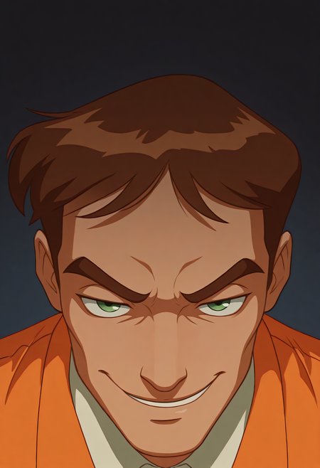 embedding:Illustrious\Positive\IllustriousQual, embedding:Illustrious\Positive\IllusP0s, 1boy, timscam_ts!, brown hair, short hair, green eyes, head down, orange prison clothes, collared shirt, upper body, close up, staring at viewer, darkened face, smirk, best quality, high resolution, masterpiece.