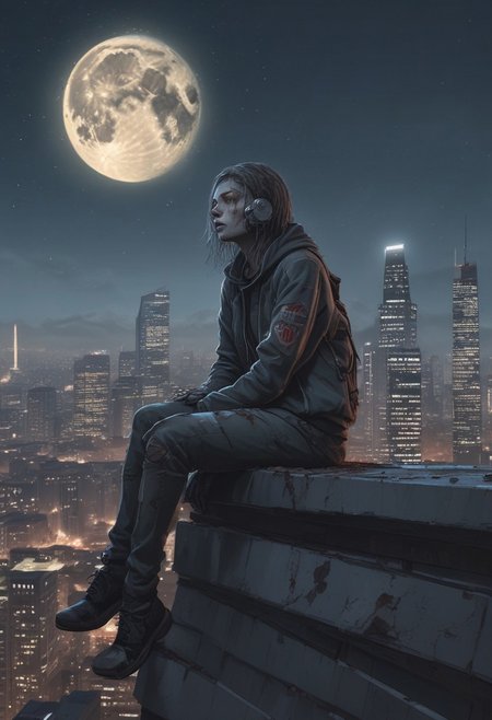 a woman looks like a zombie sitting on the roof, 1 girl, masterpiece, best quality, best quality, full body, bionic skin, pale skin, dead eyes, bionic face, blank stare, scars, blood, damage, hairs, cry, finely detailed, extremely detailed CG unity 8k wallpaper, night sky with stars and moon, empty city