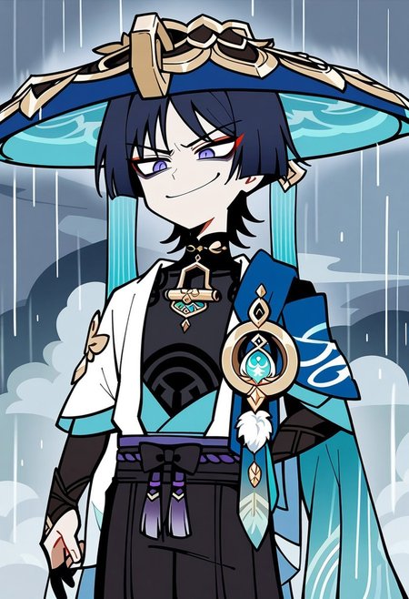 (illustration, 1boy, scaramouche, wanderer \(genshin impact\), genshin impact, smug smile, cloudy sky, rain, thunder, badass, masterpiece)