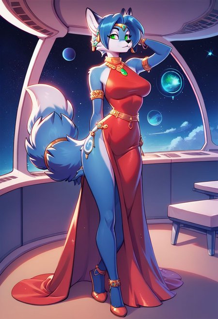 score_9, score_8_up, score_8, 1girl, smooth, blue fur, jewelry, blue hair, green eyes, anthro fox,  highly detailed,  perfect, high quality, high definition, spaceship, crew deck, tight red dress, long dress, thigh gap, posing