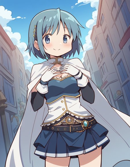 score_9, score_8_up, score_7_up, source_anime, <lora:sayaka-miki-s1-ponyxl-lora-nochekaiser:1>, sayaka miki, short hair, blue eyes, hair ornament, blue hair, hairclip, medium breasts,, <lora:miki-sayaka-cosplay-ponyxl-lora-nochekaiser:1>, miki sayaka cosplay, miki sayaka (cosplay), belt, black sleeves, blue skirt, cape, cosplay, dress, gloves, gem, skirt, sleeveless, sleeveless dress, white cape, white gloves,, streets, outdoors, smile, blush, hands on own chest, cowboy shot, looking at viewer,, , dutch angle, cowboy shot