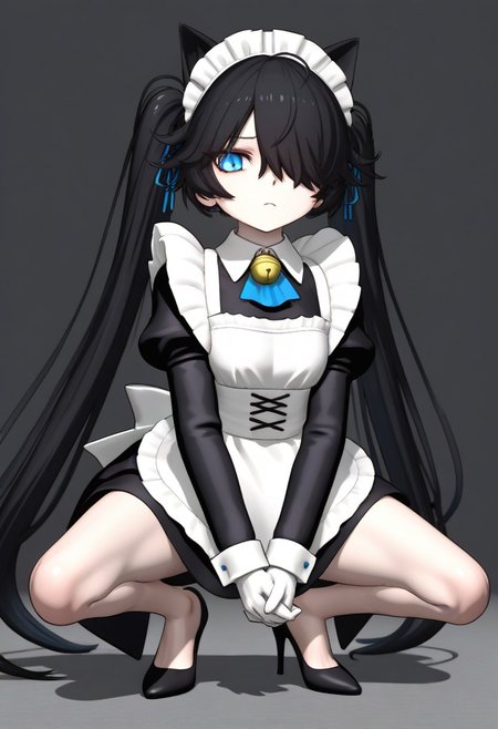 3D,(((MMD))),(Maid-kasli), solo, white gloves, dress, hair over one eye, maid apron, blue eyes, twintails, cat ears, maid headdress, maid, gloves, 1girl, apron, juliet sleeves, long sleeves, long hair, black hair, animal ears, bell,(Fall down),(squatting down, heels touching each other, legs fully extended outward)