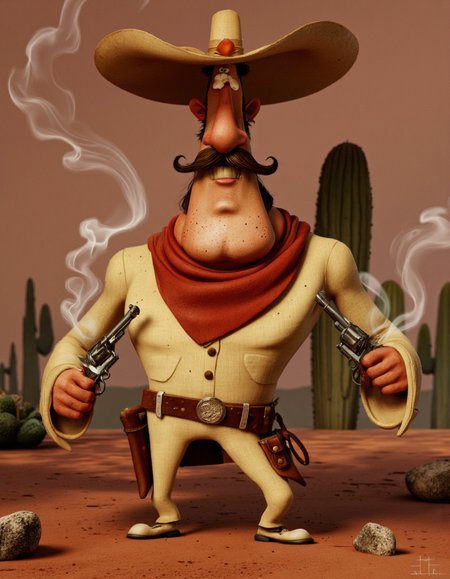 Art by Jean-Baptiste Vendamme. A cartoonish digital illustration shoot from a frontal camera angle about a cartoon character dressed as a cowboy with a mustache and a sombrero, holding two revolvers, standing confidently in a desert-like setting with cactus plants in the background. the image also shows a confident, anthropomorphic man in the middle of the image, who appears to be a middle-aged man with a large mustache, wearing a beige cowboy outfit with a red scarf around his neck, a brown belt with a holster, and a wide-brimmed hat. he is holding two silver revolvers in both hands, one in each hand, and has a smirk on his face, with steam rising from his mouth. the man has a happy expression, and his eyes are looking directly at the viewer.