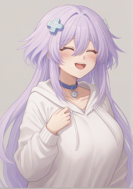 1girl, neptune (neptunia), huge breast, :o, blush, closed eyes, collar, collarbone, d-pad, d-pad hair ornament, hair ornament, hood, hoodie, open mouth, purple hair, smile, solo, upper body, zPDXL3  <lora:Rio_Blver:0.8>