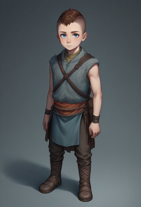score_9, score_8_up, score_7_up, source_anime, highly detailed, 1boy, solo, cute boy, Atreus, Blue Eyes, auburn Hair, Undercut, Grey Fur Tunic, Brown Boots, loincloth, sleeveless