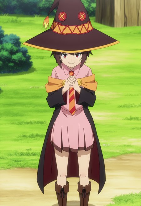 score_9, score_8_up, score_7_up, source_anime,
BREAK
1girl, solo, anime screencap, anime coloring, 
<lora:shiMeguminV1:1.0>, 
shimeguschool, academyuniform, short hair, skirt, brown hair, long sleeves, red eyes, pink dress, closed mouth, standing, outdoors, pleated skirt, boots, black cape, witch hat, brown footwear, 
grass, diagonal-striped necktie,  meme, smug, 
black cat, chomusuke,
looking at viewer,