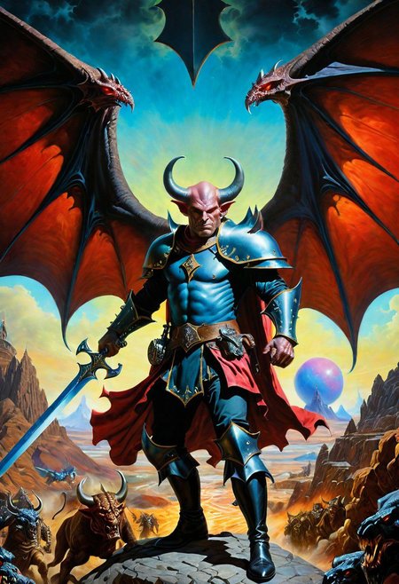 A hyperrealistic 8k photograph was captured by Sid Avery's Hasselblad camera, depicting close-up a handsome+ Tiefling shield bearer with pink++ skin and slender build during a battle+++, surrounded by goblins++, He has a bald head, neon yellow eyes, calm++ and handsome+ and detailed face, cold smile++, mysterious and ominous aura of dark shadows enveloping the figure, Lovecraftian Horror-themed, in the artistic style of Boris Vallejo, Shadows casting an uncanny atmosphere, hints of eldritch dark energy crackling, He is dressed in a musketeer outfit, high details and era-appropriate, He is wielding a magically radiating+ Backsword+ in the right hand, and he is holding a steel shield+++ in the left hand, the character has huge demonic wings++, Backdrop (background) of a focused scene of a battle with goblins next to a white-marbles palace, Mysterious composition, imbued with a dark, ambient 3d warm studio backlight.