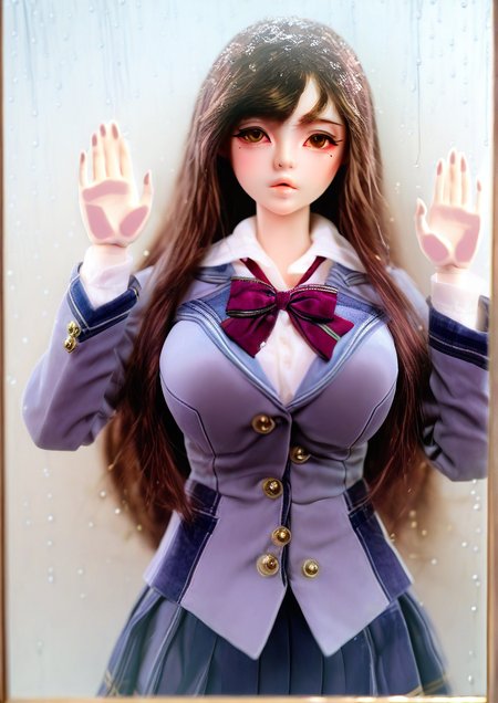 <lora:GRANADO:1.3>,1girl, nakazawa kaori, huge breasts, detailed background, against glass, blazer, blue jacket, brown eyes, brown hair, collared shirt, cowboy shot, dress shirt, grey jacket, grey vest, jacket, long hair, long sleeves, looking at viewer, mole, mole under eye, neck ribbon, pleated skirt, rain, red ribbon, ribbon, school uniform, shirt, skirt, solo, standing, vest, water drop, white shirt, winter uniform, 
very awa, masterpiece, best quality, highres, absurdes,amazing quality