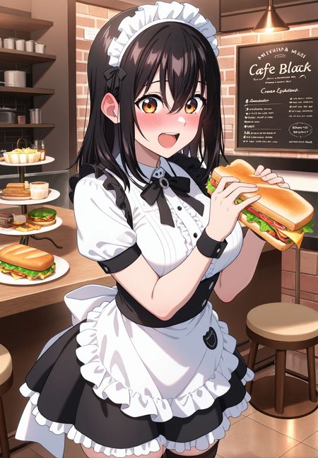 masterpiece,best quality,amazing quality,very aesthetic,absurdres,newest, huge filesize,
<lora:spo_sdxl_10ep_4k-data_lora_webui:0.5>,<lora:add-detail-xl:1>
 1girl, food, blush, sandwich, smile, open mouth, holding, white shirt, looking at view, eating, 
blushing, Himeragi Yukina, sexy maid black, blushing, yukina, cafe, maid headdress, thighhighs, 
<lora:illustrious_XL_yukina:0.9>