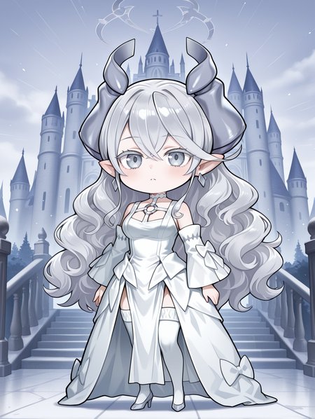 chibi,official alternate costume,white detached sleeves,lovely labrynth of the silver castle,1girl,high heels,solo,castle,looking at viewer,full body,standing,demon girl,white thighhighs,wavy hair,very long hair,white o-ring dress,blush stickers,
masterpiece,best quality,amazing quality,very aesthetic,absurdres,newest,<lora:lady labrynth of the silver castle Alt illuXL v1:0.65>,lips,