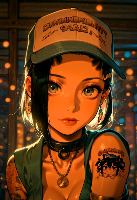 dynamic angle, raytracing, soft lighting, blum effect, masterpiece, absolutely eye-catching, particles, glow, shining, intricate cinematic background, (beautiful face), BREAK hair ornament, jewelry, earrings, necklace, collar, armlet, glowing, looking at viewer, geisha style, dynamic pose, BREAK th1nk1ng c4p, hat, blue headwear, meme, english text, lightning bolt symbol, masterpiece,amazing quality,best quality,ultra-detailed,8K,illustration,CG,shiny hair,clear skin,ultra-detailed-eyes, detailed background,cute girl, eyelashes, BREAK Aka-Oni, oni, smooth horns, black horns, golden eyes, BREAK kimono, collarbone, cherry blossom, head rest on arm, chained, flower tattoos, (Sexy lips), black_hair, closed_mouth, white_hair, multicolored_hair, from_side, grey_eyes, eyelashes, lips, makeup, expressionless, portrait, close-up, white_eyes, long_eyelashes, partially illuminated, backlighting, Intricately designed, Mysterious, <lora:IL\KMS_CMS_Penny_Burfine_IL-000013:1> <lora:IL\KMS_Thinking_Cap_IL:1>