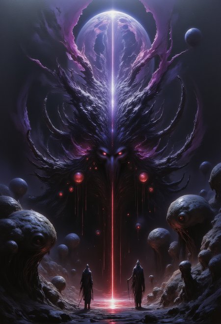 FredFraiStyle "A midjourney style oil painting of a digital artwork, in a dark fantasy etherial style, "Fear is the Enemy,"
<lora:flux.1_lora_flyway_Epic-Characters_v1:0.66> 
<lora:artisketchyfs-v02:0.75> 
 <lora:Shattered_Void:0.5>
 <lora:MyNewFantasy:1>
