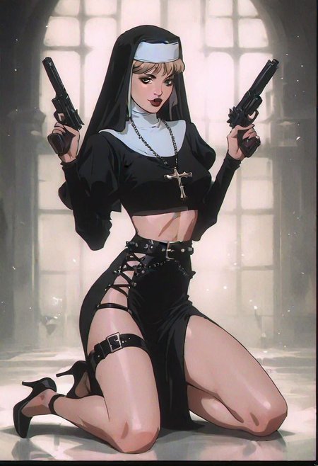 score_9, score_8_up, score_7_up,  realistic, concept art, nun, black nun outfit, legs, hips, holding two guns, leather belt, white nun hat, black bra, high heels, seductive, skinny, looking at viewer, dark theme, low light, 1990s \(style\)
