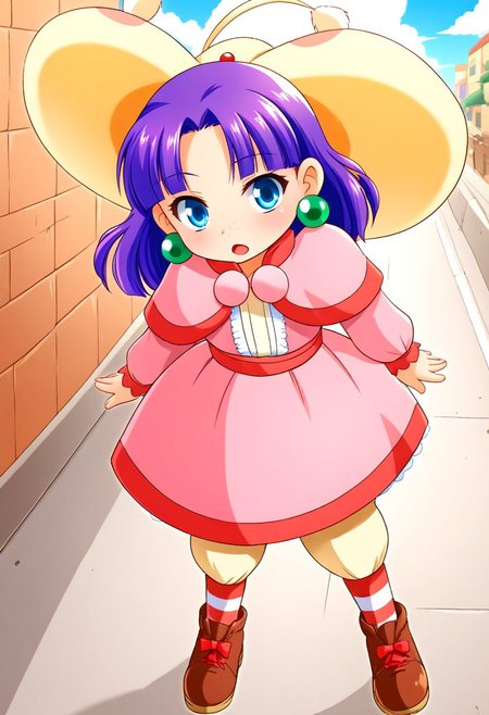 <lora:HyLper-Accelerate-PAseer:1> <lora:Fixhands_anime_bdsqlsz_V1:1>score_9, score_8_up, score_7_up, source_anime, intricate details, perfect anatomy BREAK
1girl, grandia-sue, purple hair, long hair, hair ribbon, blue eyes, green earrings, capelet, pink dress, grandia-sue outfit, striped socks, brown shoes,
Guilty, Downcast eyes, slumped shoulders, and a slightly ashamed expression., outdoors, city, tokyo, dynamic pose, dynamic angle,
<lora:grandia-sue_XL(pony)v11:1>