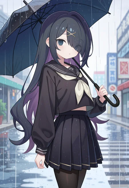 masterpiece, best quality, high quality, detailed, absurdres, uncensored,  <lora:kejuki:1> kejuki, ketsu juuji killer \(kejuki\), outdoors, rain, blurry background, grey theme
BREAK 1girl, ame-chan \(needy girl overdose\), (small breasts:0.4), alternate costume, alternate hairstyle, hair down, very long hair, hair over one eye, empty eyes, x hair ornament, black serafuku, white neckerchief, long sleeves, black skirt, pleated skirt, black pantyhose, holding umbrella, black umbrella, parted lips, upper body, looking at viewer
