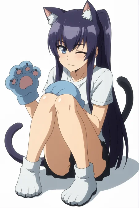 <lora:Saeko_Busujima:0.8>, white background, Saeko Busujima, 1girl, one eye closed, solo, animal ears, tail, white background, cat ears, cat tail, paw gloves, full body