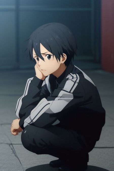 high resolution, solo, best quality, 1Boy, Kazuto Kirigaya, portraits, Black Hair, Black Eyes, lofi, candid, squat, depth of field, photo model, looking at viewer, OverallDetail