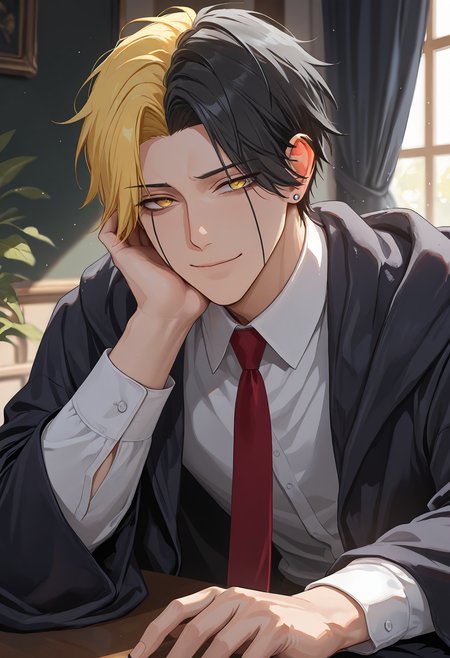 masterpiece, best quality, amazing quality, very aesthetic, absurdres, newest, detailed background, ram3s, 1boy, male focus, solo, facial tattoo, blonde hair, black hair, two-tone hair, yellow eyes, earrings, cloak, collared shirt, necktie, long sleeves, smile