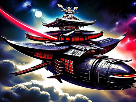 <lora:CulturePunkAI_3:.9> SamuraiPunkAI   spaceship  Highly detailed, amazing, Impressive lighting, vibrant colors, Ultra Realistic, High quality, Highly detailed, trending on artstation, intricate detailed background