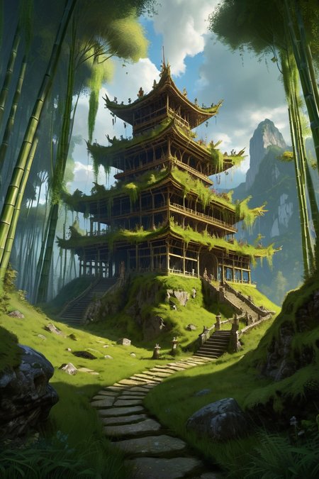 bamboo forest valley with stone lanterns, moss-carpeted ruin complexes where stone colossi slumber under fungal beards, the foundations vibrating with root-network communications, cinematic view, epic sky, detailed, concept art, low angle, high detail, warm lighting, volumetric, godrays, vivid, beautiful, trending on artstation, by jordan grimmer, huge scene, grass, art greg rutkowski,
 <lora:detailed_notrigger:0.7>, <lora:add-detail-xl:0.3>, oil painting art style from Renaissance period, masterful composition, Renaissance mood, renaissance oil painting, brush strokes, Baroque art style, dynamic composition, dramatic lighting, rich colors, intricate details, professional-grade execution, captures the grandeur and theatricality of the Baroque period