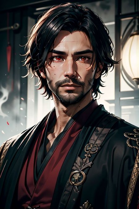 Master piece, highest quality, highest possible OverallDetail, red eyes,
Create an elder of a demonic sect.
The character looks like he is in his late twenties or early thirties. He is handsome.
He has black shoulder-length shaggy hair. 
His outer robe is black and the inner robe is dark red. 
no beard 
His eyes are dark red. Detailed face. Red robe.