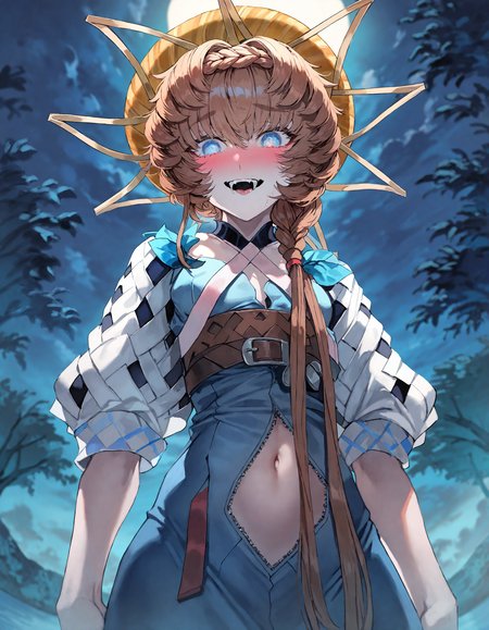 van_gogh_(fate),van_gogh_(third_ascension)_(fate), fate/grand_order, munakata_(sekimizu_kazuki):1.2,mogudan:0.7, hamada_yoshikazu:0.8 ,toriyama_akira_(style):0.8, quasarcake:0.8,rolua, ,negative space,
masterpiece, highres, absurdres, newest,
1girl ,black_headwear ,black_ribbon ,black_scarf ,black_tongue ,blue_background ,blue_eyes ,blush ,bright_pupils , clothing_cutout ,colored_skin ,dress ,fangs, navel, navel_cutout,nose_blush, open_mouth ,puffy_short_sleeves ,puffy_sleeves, ribbon ,scarf ,short_hair ,short_sleeves ,smile ,solo, tongue, tongue_out ,white_dress ,white_hair ,white_pupils ,white_skin ,white_sleeves ,yellow_headwear, wet, bathes, lake, half body in water, empty hands, darkness, fog, mist, cowboy shot,
, detailed background,view from below,backlighting, detailed cloudy sky, forest, night, deep night, trees, moon rays, moon,
<lora:ponyv4_noob1_2_adamW:0.5>, <lora:add-detail-xl:0.5>