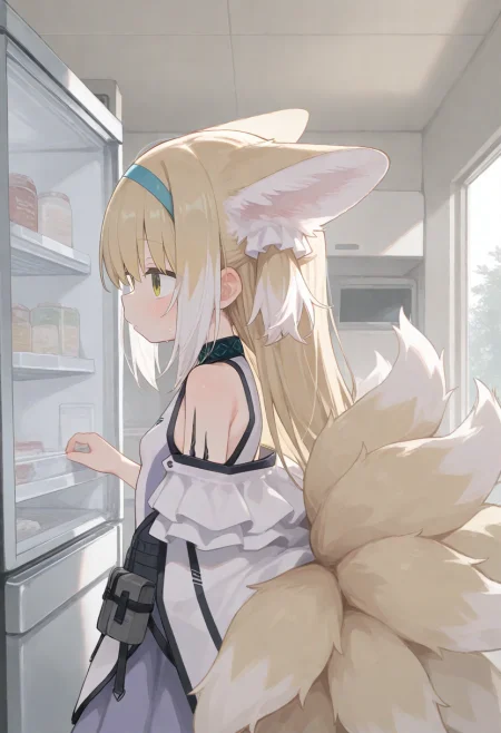 1girl, suzuran (arknights), opening refrigerator, detailed background, from side, 
(zankuro:0.2), wagashi \(dagashiya\), chen bin, very awa, very aesthetic, masterpiece, best quality, amazing quality, absurdres  <lora:ponyv6_noobV1_2_adamW:0.5> <lora:n_XLNBVP1lokrV6311P:0.2> <lora:748cmXLNBVP1lokrV6311PZ:0.2> <lora:ricotte2:0.2>