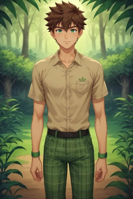 score_9, score_8_up, score_7_up, , rating_safe, intricate details, anime screencap, anime coloring, official style, , depth of field, 1boy, solo, male focus, <lora:keitaro_nagame_pony:0.96>, keitaro_nagame, brown hair, green eyes, short hair, , , jungle temple, stone guardians, vine doors, ritual chambers, ceremonial pose, reverent expression, filtered light, male Golden age Angular, Central Asian, Gray eyes, Folded Ears, Unusual Nose, Round Chin, Symmetrical Cheeks, Triangle face shape, , Peach Spiky hair hair, Affection, wearing Plaid golf pants, Gingham shirt, , ,, Head tilted to the side, indicating thoughtfulness, <lora:sdxl_lightning_8step_lora:1>