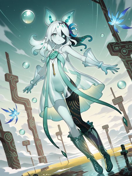 monster girl, icejade acti, 1girl, solo, green bubble, looking at viewer, bright pupils, floating, parted lips, full body, green background, see-through body, see-through knee boots, see-through gloves, see-through dress, hair flower, bubble pipe necklace, cyan fairy, historical ruins, dutch angle, heterochromia
masterpiece,best quality,amazing quality,very aesthetic,absurdres,newest,<lora:Icejade Acti illuXL v1.2:0.83>,