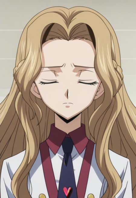 anime screencap, masterpiece, best quality, Code Geass anime art style, <lora:Nunnally_Lamperouge:1>Nunnally Lamperouge, 1girl, ashford academy school uniform, long hair, necktie, school uniform, closed eyes,