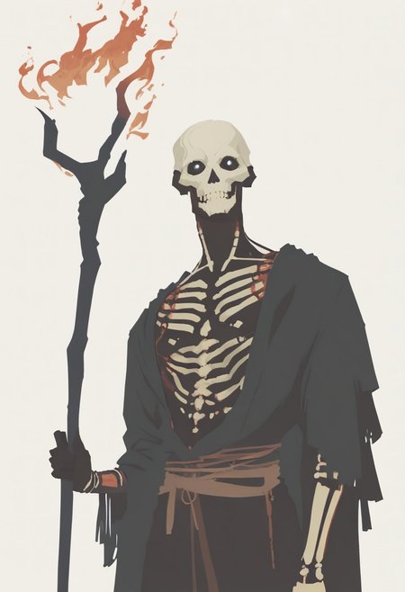 score_9, score_8_up, score_7_up, score_6_up, dnd, upper body portrait, skeleton warlock in long dark robes, skull head, detailed, blue flames, tattered robes, holding staff,  <lora:dnd_flat:0.95>