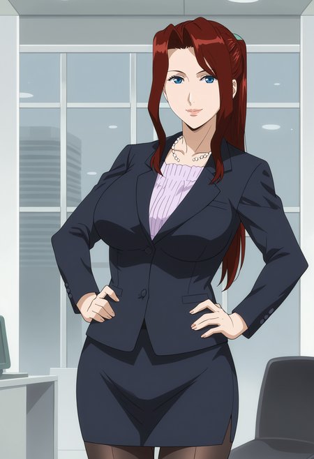 <lora:Hitomi_Nikaido-Kichiku:0.9>,Hitomi,mature female,1girl,solo,long hair,red hair,blue eyes,large breasts,ponytail,formal,office lady,skirt,pantyhose,jacket,hands on own hips,cowboy shot,looking at viewer,indoors,smile