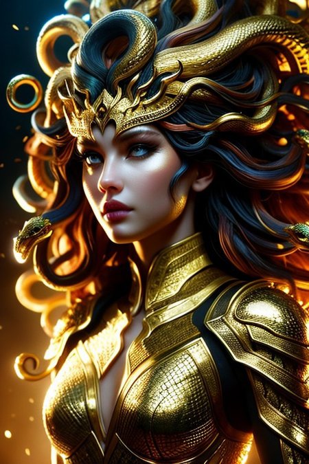 A young woman with intricate, serpent-entwined Medusa armor adorns her upper body, rendered in hyper-realistic detail, with soft, golden lighting accentuating the metallic scales and textures, set against a muted, dark background, with a shallow depth of field, emphasizing her determined gaze, in a cinematic, close-up composition, reminiscent of digital painting.
