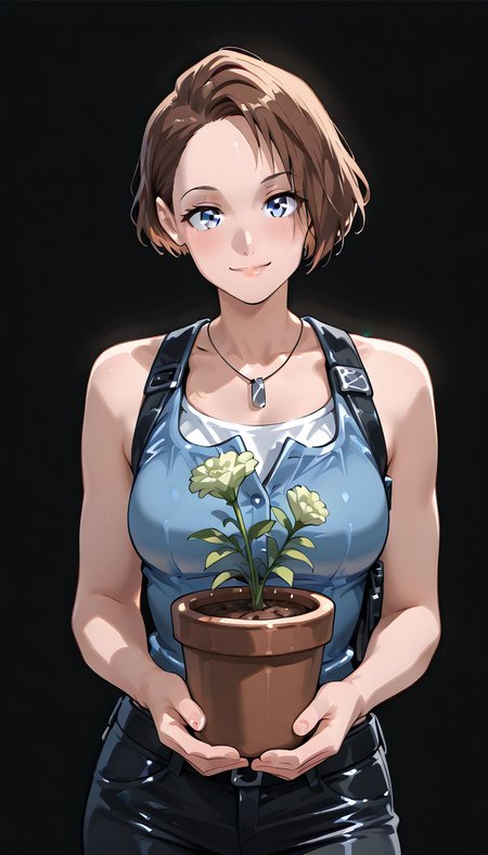 threeremake, holding flower pot with a green herb in it, black background <lora:Jill_Valentine:1>