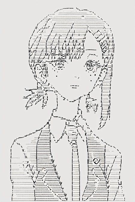 score_9, score_8_up, score_7_up, score_6_up, score_5_up, score_4_up,   <lora:kobeni-higashiyama-ponyxl-lora-nochekaiser:0.8> , kobeni higashiyama,hair ornament, hairclip, mole, mole under eye, ponytail, short hair, necktie, formal, long sleeves, 1girl, <lora:ascii_character:1>,  ascii_art_style, monochrome, greyscale, masterpiece, highres, white background, simple background