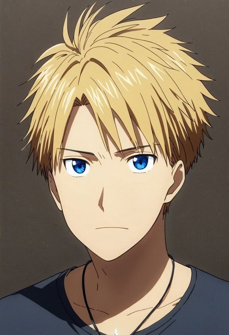 high resolution, solo, best quality, 1Boy, Yamato Ishida, Blond Hair, Blue Eyes, Necklace, potrait, dark shirt, looking at viewer, focused gaze forward, simple background, straight body, upper body, head upright, guilt, OverallDetail