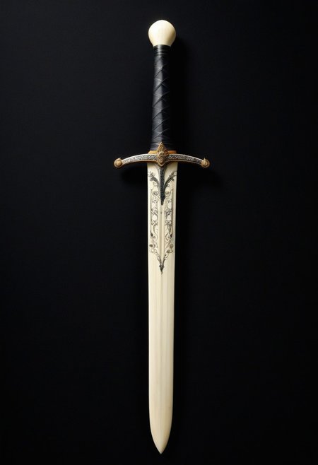 sword made out of, ebony, ivory, scrimshaw, bone carving, black background