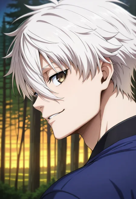 masterpiece, best quality, intricate details, semi-realistic, looking at viewer, depth of field, 1boy, solo, male focus, <lora:seishirou_nagi_ilxl:0.92>, seishirou_nagi, white hair, brown eyes, short hair, bangs, hair between eyes, profile, forest, dawn, arm up, smirk,