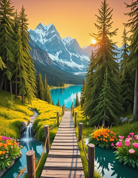 A breathtaking, high-resolution photograph of the most beautiful place on Earth, where natureâs wonders blend in perfect harmony. Towering, snow-capped mountains rise majestically in the background, their peaks glowing under the golden hues of a setting sun. Below, a crystal-clear turquoise lake reflects the colors of the sky, surrounded by lush, green forests filled with ancient trees, vibrant wildflowers, and cascading waterfalls. A soft mist rises from the valley, adding a dreamlike quality to the scene. In the distance, rolling meadows stretch toward the horizon, dotted with colorful flowers and serene wildlifeâgraceful deer grazing, birds soaring in the sky, and butterflies dancing in the breeze. A wooden footpath winds through the landscape, leading to a secluded, tranquil spot where the beauty of nature can be fully admired. The air is crisp and filled with the soothing sounds of rustling leaves, flowing water, and distant birdsong. The sky above is a masterpiece of colorsâdeep oranges, purples, and pinks blending seamlessly as the sun sets, casting a magical glow over this untouched paradise. The atmosphere is peaceful, awe-inspiring, and filled with a deep sense of wonder and tranquility, as if stepping into a perfect dream.
<lora:SDXLFaeTastic2400:0.4> <lora:extremely_detailed:0.4> extremely detailed,Earth P4r4d1s3, <lora:Earth_P4r4d1s3-i:1>, Masterpiece,best quality,hi res,8k,hi res,8k,award winning,(sharp focus, intricate, highly detailed),