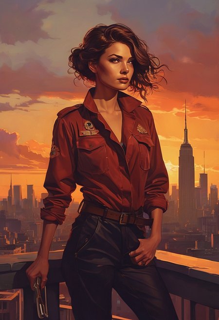 masterpiece, high contrast color, propaganda poster, ink art, digital oil painting, hand-layered stroke technique, canvas texture simulated, 4k resolution,
1girl, adult, solo, standing tall on urban rooftop, city skyline backdrop, confident posture, warm bronze skin tone, sharp facial features,
dramatic sunset light, vibrant warm palette, strong shadows,
military-style jacket, heavy canvas, deep crimson, fitted silhouette, thick textured paint,
utility belt with tools, worn leather, detailed brushwork,
long flowing hair, fiery red, coarse oil texture, dynamic wind motion,
defined cheekbones, intense gaze, determined expression,